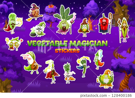 Stickers pack of vegetable mages and sorcerers, wizards and witches characters. Farm fresh vegetables sorcerers vector stickers with salad, potato and kohlrabi, artichoke, bell pepper and corn, onion 128400186