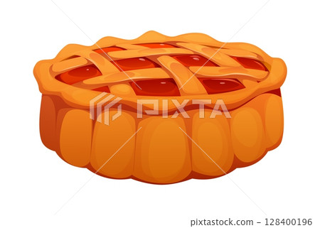 Cartoon pie with a golden lattice crust and fruit or berries filling, Happy Thanksgiving holiday and harvest symbol. Vector dessert, baked food or bakery. Strawberry, raspberry or cherry sweet tart 128400196