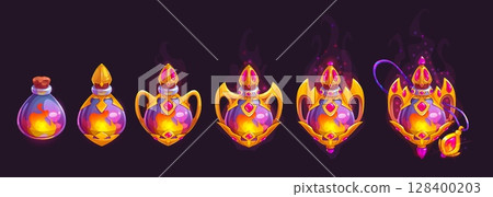 Magic fire, game rank badge for level progress stage and cartoon asset UI, vector GUI element. Magic spell lamp with energy fire or bottle with glow light for game rank badge and level progress stage 128400203