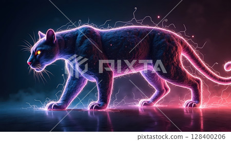 "A glowing jaguar made of flowing neon lines and abstract shapes, side profile, dark background. "A glowing jaguar made of flowing neon lines and abstract shapes, side profile, dark background. 128400206