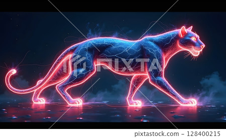 "A glowing jaguar made of flowing neon lines and abstract shapes, side profile, dark background. 128400215