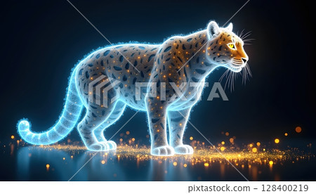 Mystical jaguar outlined with glowing fractal vines and golden blue light, side view portrait Mystical jaguar outlined with glowing fractal vines and golden blue light, side view portrait 128400219
