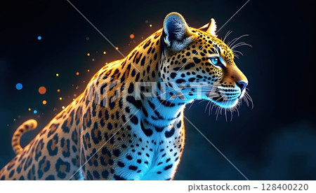 Mystical jaguar outlined with glowing fractal vines and golden blue light, side view portrait Mystical jaguar outlined with glowing fractal vines and golden blue light, side view portrait 128400220