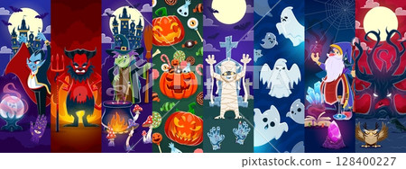 Cartoon Halloween holiday characters collage featuring vibrant vector panels with vampire, wizard, witch, mummy and ghosts, devil, creepy tree and owl at the horror night scenes with spooky creatures 128400227