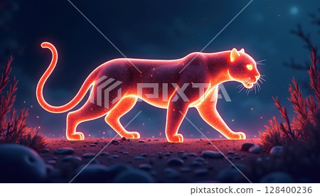 Artistic jaguar illustration with luminous flowing lines, glowing energy and twilight tones Artistic jaguar illustration with luminous flowing lines, glowing energy and twilight tones 128400236
