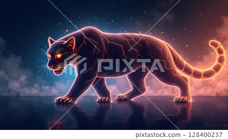 Artistic jaguar illustration with luminous flowing lines, glowing energy and twilight tones Artistic jaguar illustration with luminous flowing lines, glowing energy and twilight tones 128400237