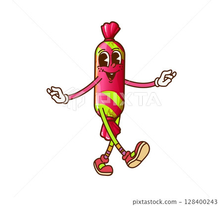 Cartoon groovy Halloween sweets and candy character in red and green wrapper, walking with cheerful expression. Isolated vector holiday confection retro personage brings a funky festive vibe to party Cartoon groovy Halloween sweets and candy character in red and green wrapper, walking with cheerful expression. Isolated vector holiday confection retro personage brings a funky festive vibe to party 128400243