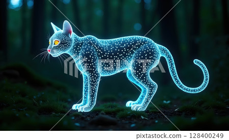 Futuristic jungle cat made of glowing organic circuits and soft ambient lighting Futuristic jungle cat made of glowing organic circuits and soft ambient lighting 128400249