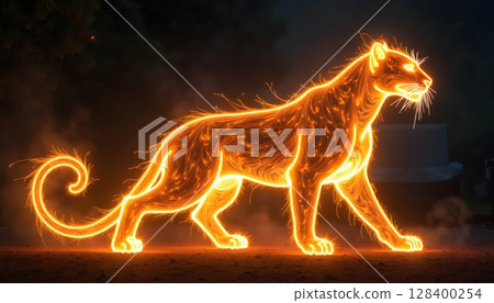 Elegant panther formed with light strokes and fire-like swirls, fantasy animal art Elegant panther formed with light strokes and fire-like swirls, fantasy animal art 128400254