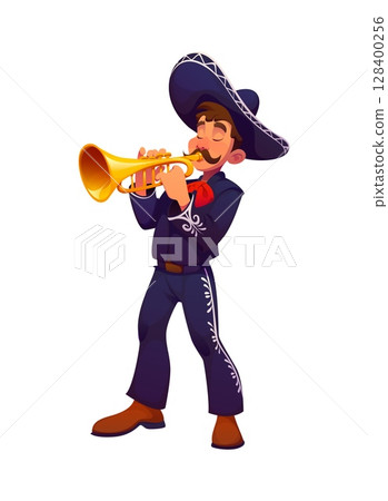 Mexican mariachi musician character plays trumpet. Cartoon vector national Cinco de mayo holiday charro male personage in traditional attire infusing lively rhythm and spirited melody of folk music 128400256