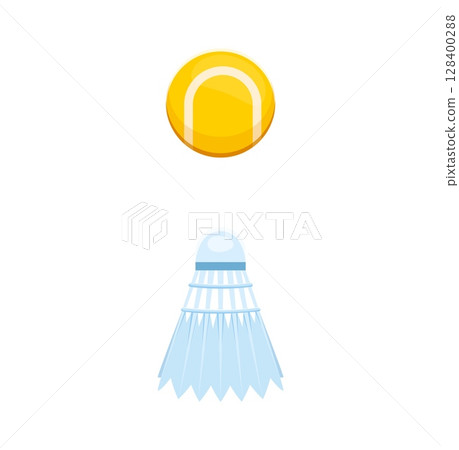 Cartoon semicolon symbol featuring a tennis ball and badminton shuttlecock. Vector kids sport font, typeface, funny children type, alphabet glyph or punctuation sign as a sports gaming equipment 128400288