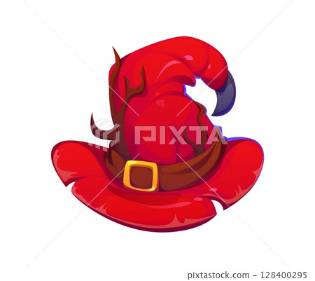 Cartoon Halloween red witch hat with curved horns, thorns or tree branches, brown belt and buckle around the base. Isolated vector whimsical pointed wizard cap with magical and slightly spooky vibe Cartoon Halloween red witch hat with curved horns, thorns or tree branches, brown belt and buckle around the base. Isolated vector whimsical pointed wizard cap with magical and slightly spooky vibe 128400295