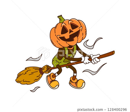 Cartoon groovy Halloween witch pumpkin character flying on broomstick, holiday vector symbol. Funny groovy pumpkin with happy spooky face and smile flying on broom for Halloween cartoon boo character Cartoon groovy Halloween witch pumpkin character flying on broomstick, holiday vector symbol. Funny groovy pumpkin with happy spooky face and smile flying on broom for Halloween cartoon boo character 128400296