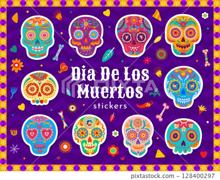 Day of the Dead sugar calavera skeleton skulls stickers pack, cartoon vector set. Mexican holiday fiesta Dia De Los Muertos stickers of calavera skulls with marigold flowers and chili peppers ornament Day of the Dead sugar calavera skeleton skulls stickers pack, cartoon vector set. Mexican holiday fiesta Dia De Los Muertos stickers of calavera skulls with marigold flowers and chili peppers ornament 128400297