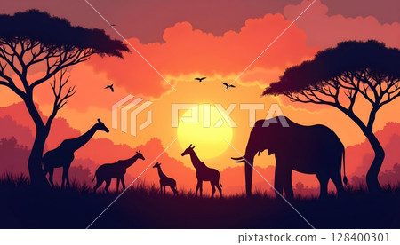 African wildlife illustration at twilight, silhouettes of animals like elephants and giraffes under colorful sky with birds in flight 128400301