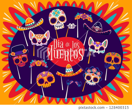 Mexican dead day and Halloween photo booth and carnival masks, cartoon vector. Dia De Los Muertos holiday masks and props of Catrina calavera skull, Mexican sombrero and mustaches for photo booth mask Mexican dead day and Halloween photo booth and carnival masks, cartoon vector. Dia De Los Muertos holiday masks and props of Catrina calavera skull, Mexican sombrero and mustaches for photo booth mask 128400315