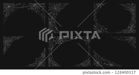 Realistic Halloween spider cobweb frames. Web, spiderweb vector set. Spooky spider net borders. Scary backgrounds or templates for greeting cards, eerie insects trap framing for holiday celebrations 128400317