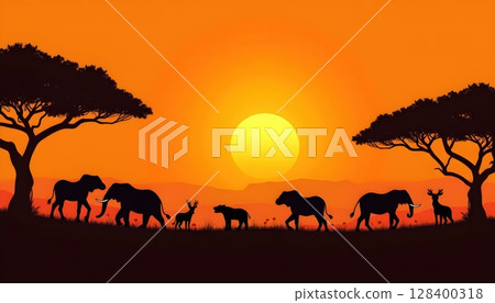 Vector art of African animals in silhouette style with glowing orange horizon and trees on both sides 128400318