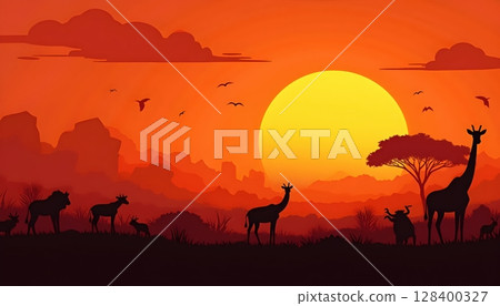 Stylized savanna wildlife scene at sunset, filled with animal silhouettes and a dreamy colored sky 128400327
