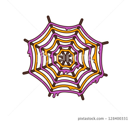 Cartoon groovy Halloween spiderweb or cobweb for horror night holiday, vector symbol. Spooky spider web with freaky threads in orange and purple colors for Halloween trick or treat party decoration 128400331