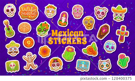 Mexican Day of the Dead holiday biscuit cookies and cake stickers pack, Dia de los Muertos and Mexico Halloween food. Vector cartoon mexican Day of the Dead ofrenda altar bread, sugar skulls, cookies Mexican Day of the Dead holiday biscuit cookies and cake stickers pack, Dia de los Muertos and Mexico Halloween food. Vector cartoon mexican Day of the Dead ofrenda altar bread, sugar skulls, cookies 128400375