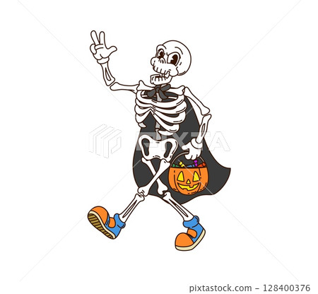 Groovy cartoon Halloween skeleton funny character for holiday, vector symbol. Groovy skeleton with pumpkin lantern bucket of trick or treat candies with funky skull face for Halloween character 128400376