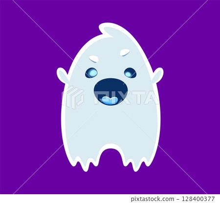 Halloween font A letter ghost cartoon cute character. Creepy ghost character latin alphabet symbol, horror spirit font or Halloween spooky phantom cute personage English ABC vector typeset letter 128400377