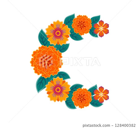 Day of the Dead font marigold flower letter C. Hispanic ritual celebration font isolated vector symbol, Day of the Dead holiday typeset sign. Mexican Dia de Los Muertos festival type letter or element 128400382