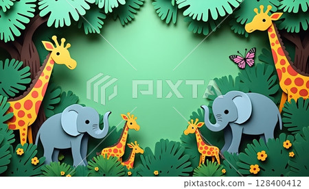 paper cut forest with animals, green background, elephant, giraffe, butterfly and lush tropical foliage 128400412