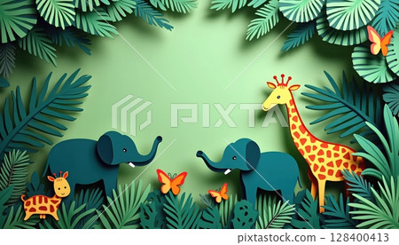 paper cut forest with animals, green background, elephant, giraffe, butterfly and lush tropical foliage 128400413