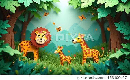 "3D paper craft safari animals in a vibrant green forest, surrounded by butterflies and layered foliage." 128400427