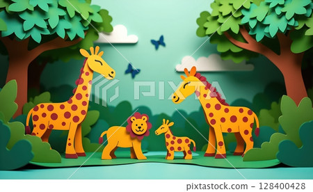 "3D paper craft safari animals in a vibrant green forest, surrounded by butterflies and layered foliage." 128400428
