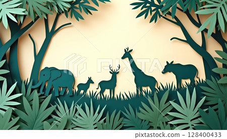 Jungle paper art with wildlife silhouettes, cutout style animals including elephant, giraffe, deer and tropical plants 128400433