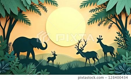 Jungle paper art with wildlife silhouettes, cutout style animals including elephant, giraffe, deer and tropical plants 128400434