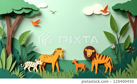 Handmade paper jungle with African animals, soft green tones, layered paper plants and flying birds 128400450