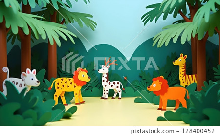 Playful jungle landscape made of paper cutouts, with wildlife figures and decorative greenery 128400452