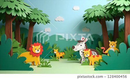 Playful jungle landscape made of paper cutouts, with wildlife figures and decorative greenery 128400456