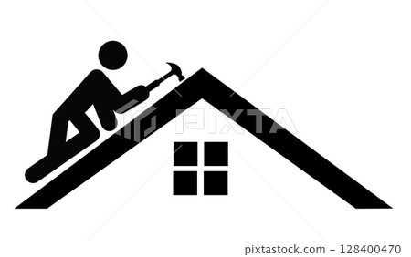 Roofer icon. Worker repairing roof sign. Roofer worker on roof symbol for work symbol. flat style. Roofer icon. Worker repairing roof sign. Roofer worker on roof symbol for work symbol. flat style. 128400470