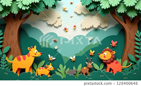 Cute and artistic jungle scenery made of textured paper layers, wildlife and insects in harmony 128400648