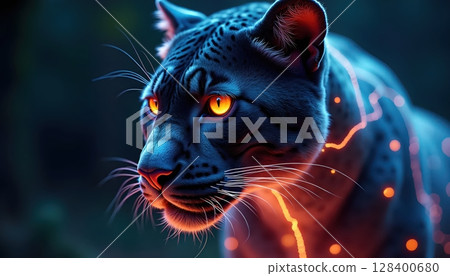 Neon panther head glowing in ultraviolet and electric tones, modern tech-animal art style 128400680