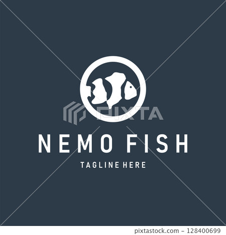 Nemo fish logo with simple minimalist concept of beautiful aquarium ornamental fish, designed as a symbol illustration template for brand and poster 128400699