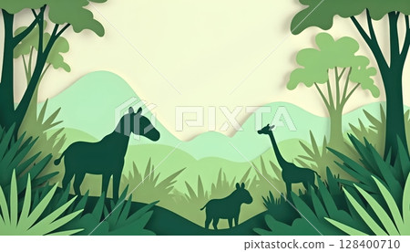 Eco-friendly paper cut jungle landscape, minimalist animal design in natural green shades. 128400710