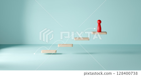 Red human-shaped doll stands on top of a four-step wooden platform with a dotted path, symbolizing career progression, personal growth, achievement, success, and overcoming challenges to reach goals. 128400738