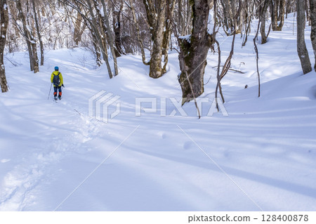 Image of enjoying fresh snow in the forest on snowshoes Oyamakiyazawa mountain stream 128400878
