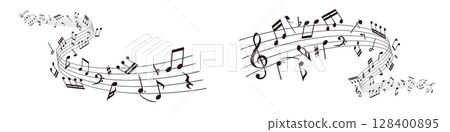 Wavy music sheet: background vector illustration of musical notes lined up on staves 128400895
