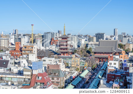 Asakusa, Taito-ku, Tokyo, a popular sightseeing spot that represents Japan, the cityscape around Senso-ji Temple and Nakamise-dori 128400911
