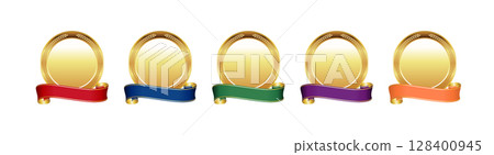 一組金牌，帶有 5 種顏色的絲帶（紅色、藍色、綠色、紫色、橙色）/獎項、獎品、圖標材料 128400945