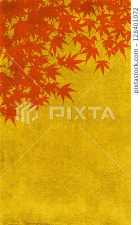 Japanese-style silhouette art featuring realistic autumn leaves painted in gold leaf 128401072