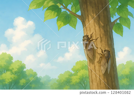 樹木和蟬鳴向藍天延伸 128401082