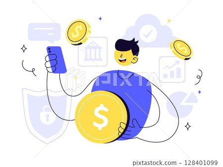 Fintech Vector Illustration Featuring Finance, Financial Technology, Online Banking, Crowdfunding, and Business Investment Banking Payment Background 128401099